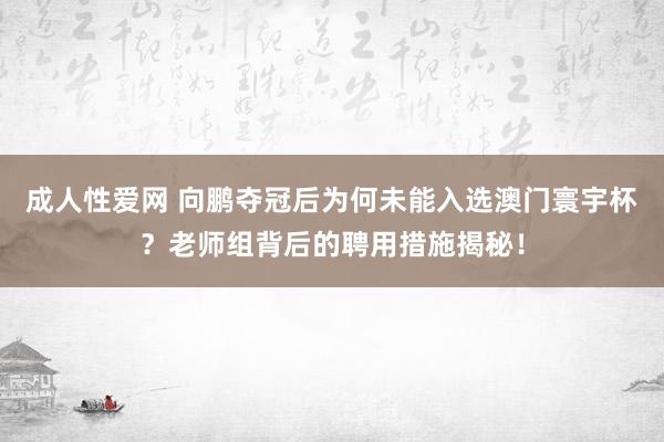 成人性爱网 向鹏夺冠后为何未能入选澳门寰宇杯?老师组背后的聘用措施揭秘!